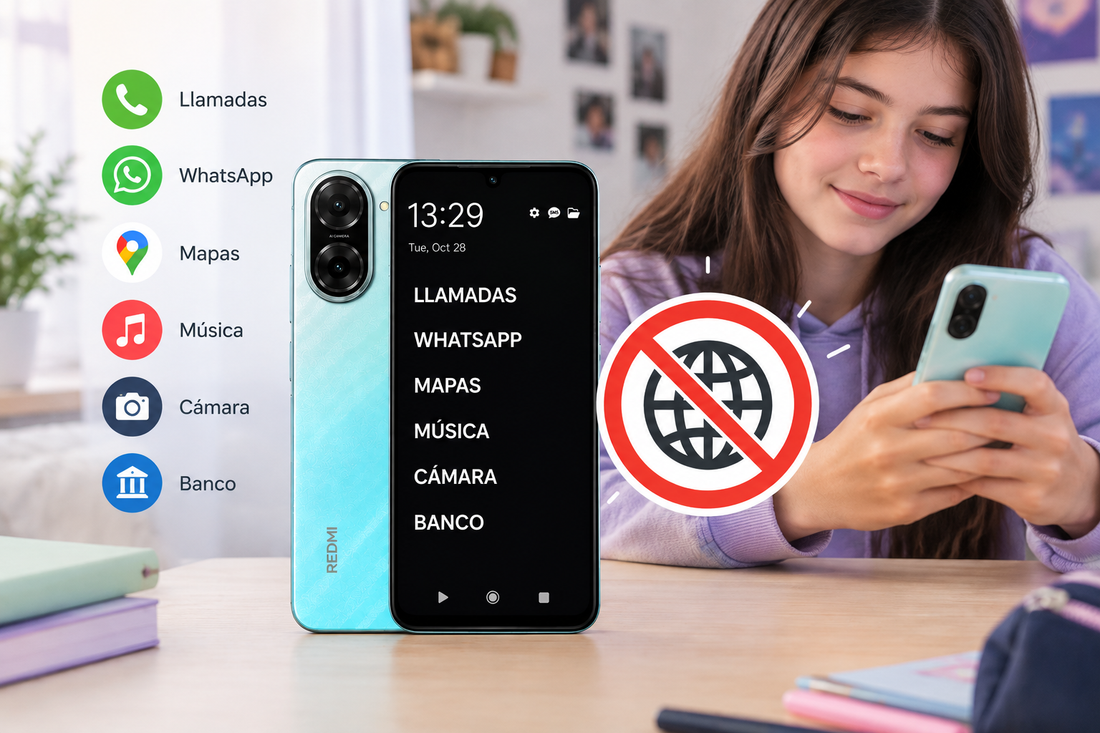 Móvil para adolescentes sin Internet ni navegador, con WhatsApp, llamadas, mapas y música, pensado para limitar el acceso a Internet y reducir distracciones.