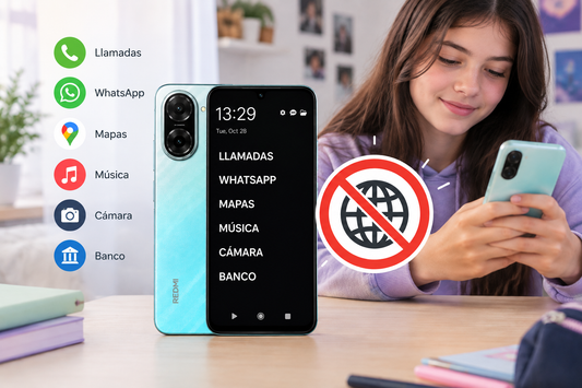 Móvil para adolescentes sin Internet ni navegador, con WhatsApp, llamadas, mapas y música, pensado para limitar el acceso a Internet y reducir distracciones.